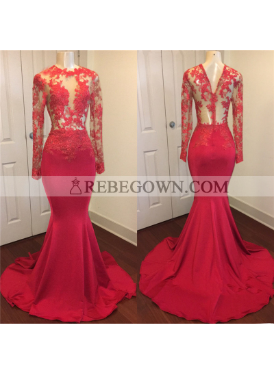Sexy Mermaid  Red See Through Zipper Long Sleeves Long African Prom Dresses