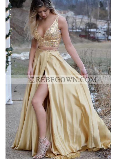 2023 Sexy A Line Gold Deep V Neck Side Slit Satin Two Pieces Prom Dresses