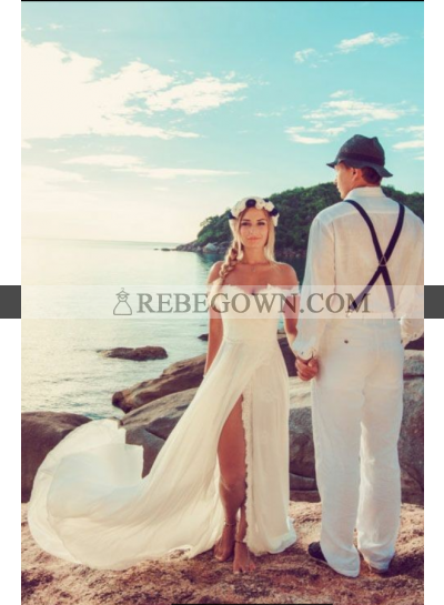 Cheap A Line Chiffon Sweetheart Side Slit Ivory Beach Off Shoulder Wedding Dresses