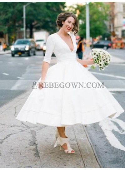 Elegant A Line White Tea Length Deep V Neck Long Sleeves Short Wedding Dresses