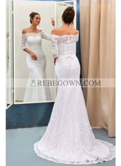 2023 Charming Mermaid  Off Shoulder Long Sleeves Lace Up Back Lace Wedding Dresses
