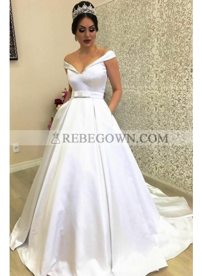 Classic New Arrival A Line Satin Off Shoulder Sweetheart Ivory Bowknot Wedding Dresses 2023