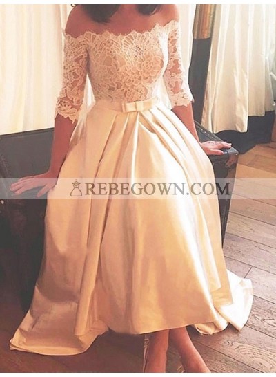 2023 A Line Elegant Ivory Tea Length Lace Long Sleeves Off Shoulder Short Wedding Dresses