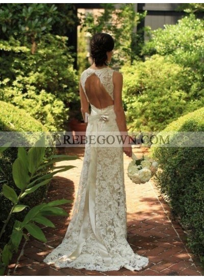 2023 Elegant Backless Sheath Sweetheart Bowknot Lace Wedding Dresses