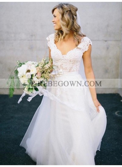 A Line Cheap Tulle V Neck Lace Capped Sleeves Wedding Dresses