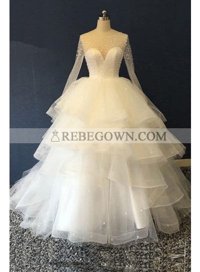 2023 New Designer Long Sleeves Tulle Ruffles Pearls Sweetheart Lace Up Back Ball Gown Wedding Dresses