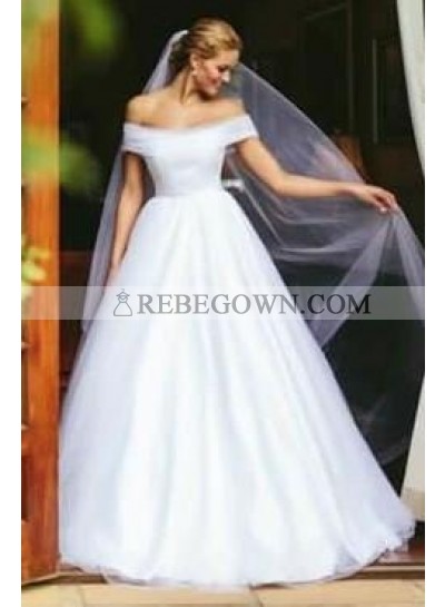 2023 Elegant A Line Off Shoulder White Tulle Long Wedding Dresses