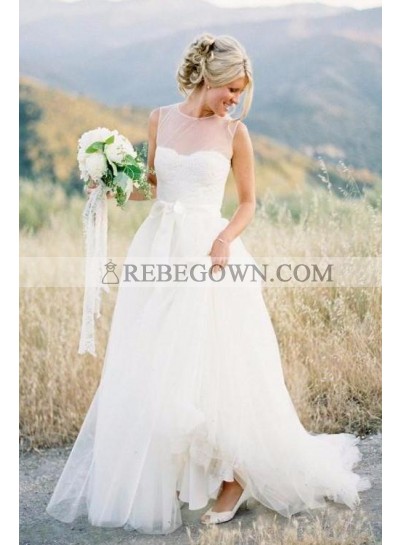 Elegant Tulle A Line Sleeveless Ivory With Belt Long Wedding Dresses 2023