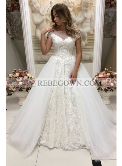 2023 New Designer A Line Tulle Sweetheart Capped Sleeves Lace Wedding Dresses