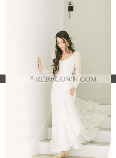 Amazing Sheath Long Sleeves V Neck Long Train Lace Wedding Dresses 2023