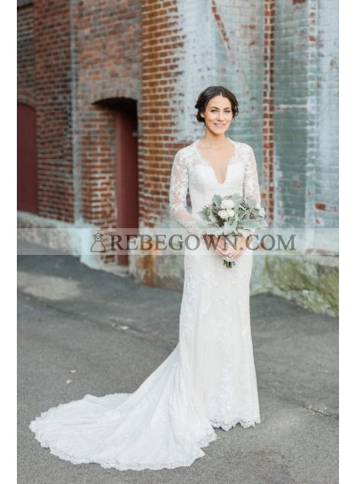 2023 Elegant Sheath Long Sleeves V Neck Lace Long Backless Wedding Dresses
