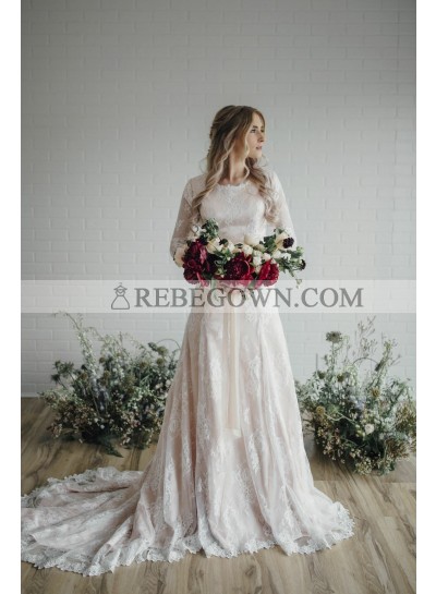 2023 Elegant A Line Long Sleeves Lace Long Round Neck Wedding Dresses