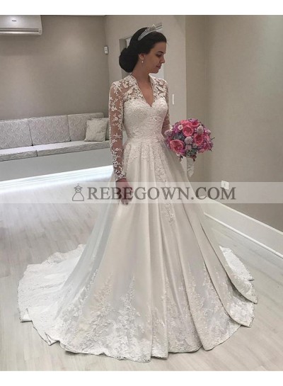 2023 A Line Classic Satin Long Sleeves V Neck Lace Long Wedding Dresses