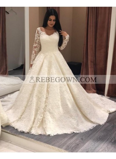 2023 Ivory A Line Long Sleeves Sweetheart Lace Long Wedding Dresses