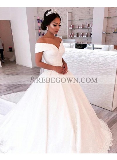 2023 A Line Elegant Off Shoulder Sweetheart Capped Sleeves Satin Long Lace Wedding Dresses