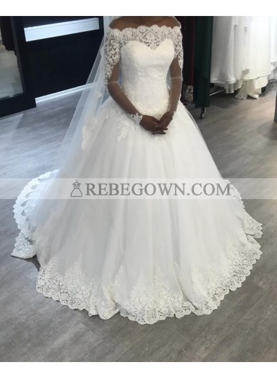 2023 A Line Elegant Lace Long Sleeves Off Shoulder Long Lace Up Back Wedding Dresses