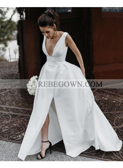 Amazing A Line Side Slit Satin V Neck Backless Long Wedding Dresses 2023 