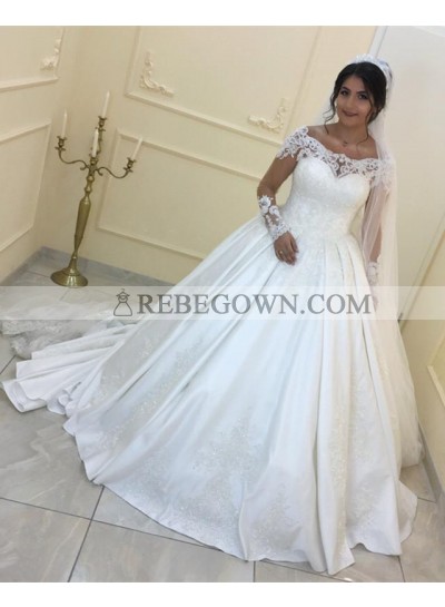 Cheap Long Sleeves Off Shoulder Satin Ball Gown Long Wedding Dresses 2023