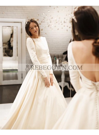 2023 Elegant A Line Satin Long Sleeves Backless Long Train With Buttons Wedding Dresses