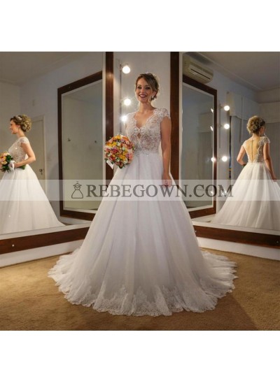 2023 Classic A Line Capped Sleeves Tulle V Neck Backless Long Wedding Dresses With Sequence
