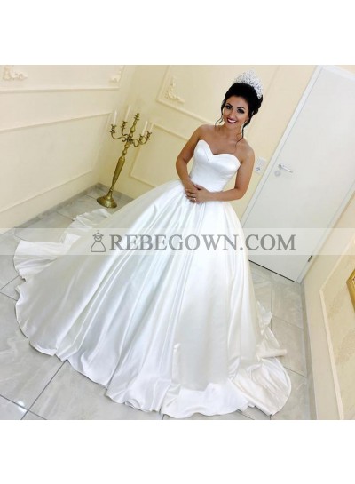 2023 Classic Sweetheart Long Train Satin Strapless Ivory Ball Gown Wedding Dresses