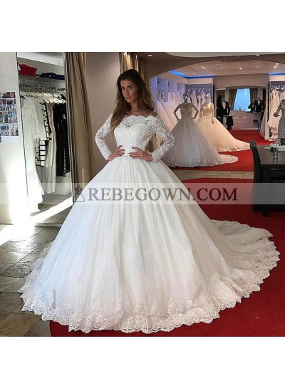 2023 Amazing Long Sleeves Lace Off Shoulder Ball Gown Long Lace Up Back Wedding Dresses