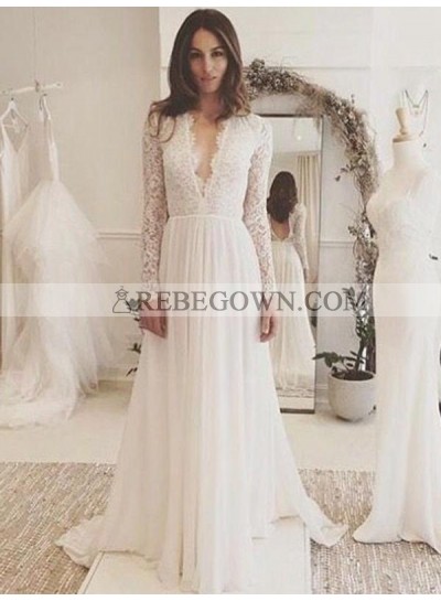 2023 Amazing A Line Deep V Neck Lace Long Sleeves Backless Wedding Dresses