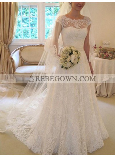 2023 Classic A Line Capped Sleeves Lace Bowknot Long Wedding Dresses