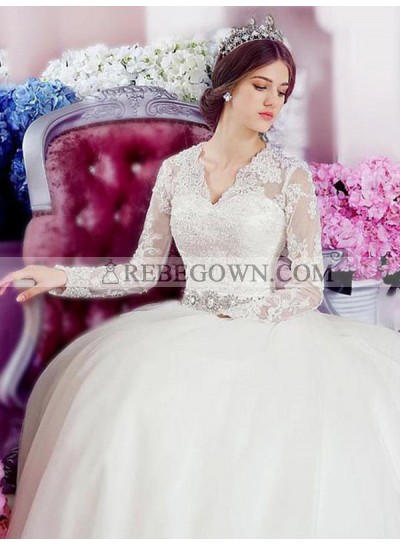 2023 Princess V Neck Long Sleeves Lace Tulle Ball Gown Wedding Dresses