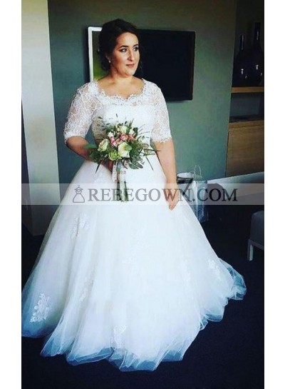 2023 New Arrival A Line Half Sleeves Tulle Round Neck Lace Plus Size Wedding Dresses