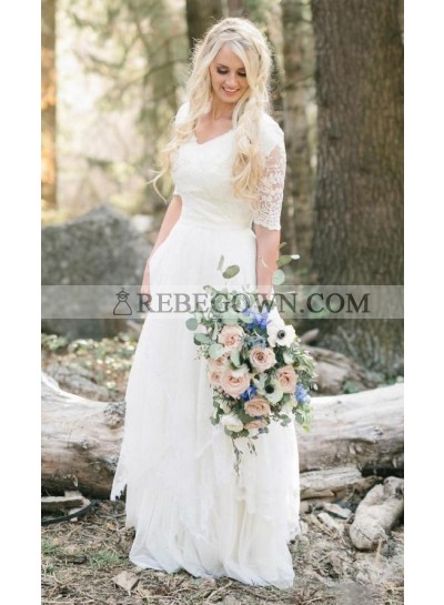 2023 Cheap A Line V Neck Short Sleeves Lace Outdoor Wedding Dresses