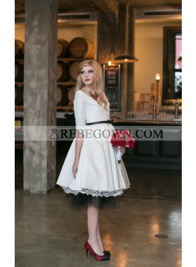 2023 Classic A Line Satin Over Lace V Neck Knee Length Long Sleeves Short Wedding Dresses