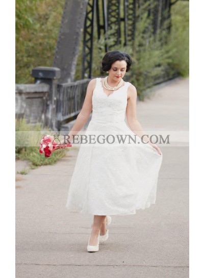 2023 Cheap A Line V Neck Lace Tea Length Classic Short Wedding Dresses