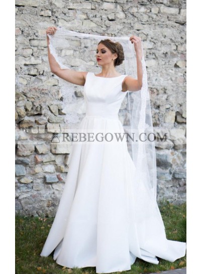 Classic A Line Backless White Sleeveless Satin Long Wedding Dresses 2023