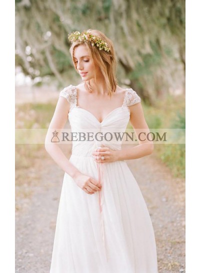 Elegant A Line Capped Sleeves Sweetheart Pleated Chiffon Backless Outdoor Wedding Dresses 2023