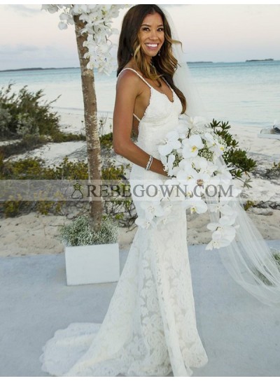 2023 New Arrival Sheath Backless Lace Sweetheart Spaghetti Straps Beach Wedding Dresses
