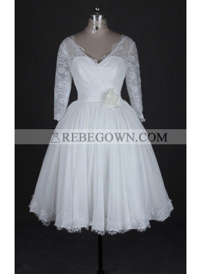 2023 Cheap A Line Chiffon V Neck Knee Length Lace Long Sleeves Short Wedding Dresses