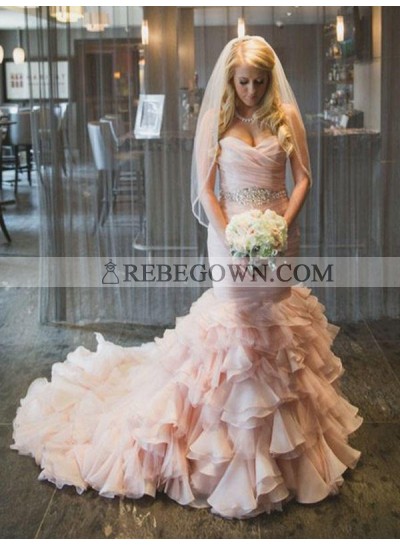 2023 Luxury Mermaid  Sweetheart Organza Long Lace Up Pink Layered Wedding Dresses 
