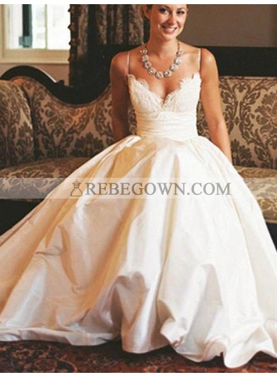 2023 New Arrival A Line Satin Sweetheart Spaghetti Straps Lace Long Wedding Dresses
