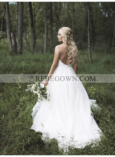 2023 Elegant A Line V Neck Tulle Backless Simple White Outdoor Wedding Dresses