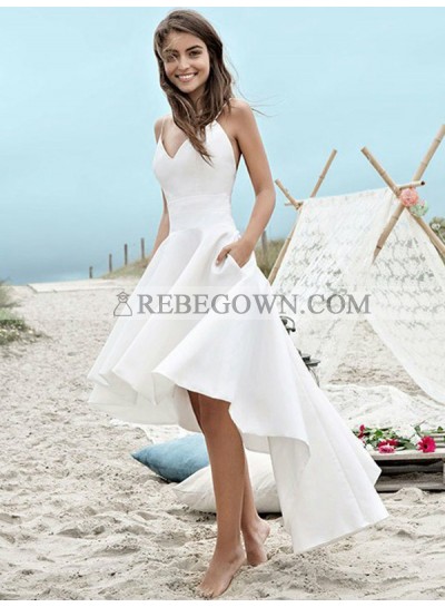 2023 Elegant A Line High Low Satin Backless Short Sweetheart Beach Wedding Dresses