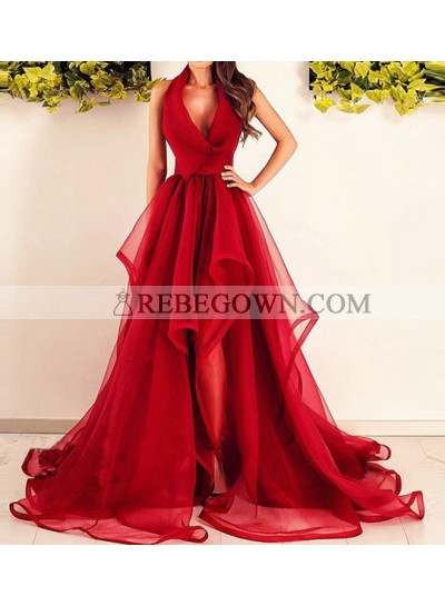2023 V-Neck A-Line Sleeveless Ruffles Halter Organza Asymmetrical Prom Dresses
