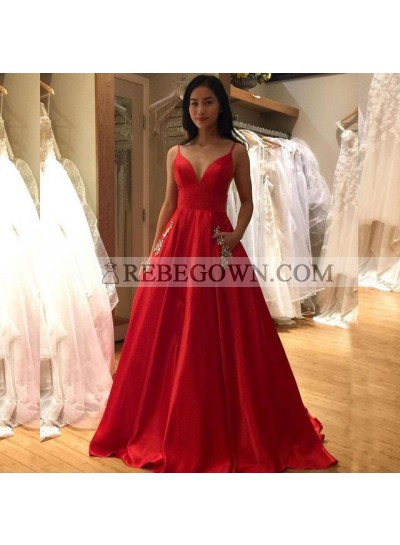 2023 New Arrival A Line Red Satin Sweetheart Spaghetti Straps Backless Long Prom Dresses With Pockets