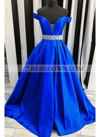 2023 New Arrival A Line Satin Royal Blue Sweetheart Off Shoulder Beaded Long Prom Dresses