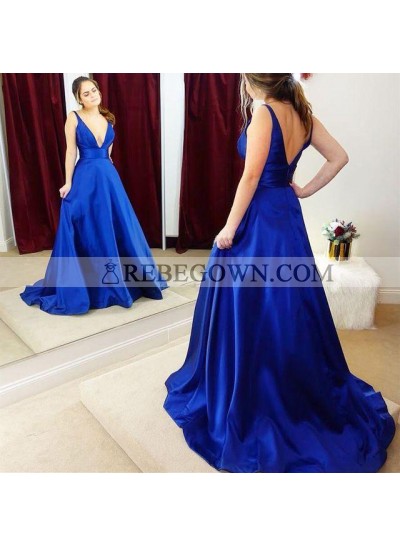 Elegant A Line Elastic Satin Royal Blue Deep V Neck Long Prom Dresses 2023