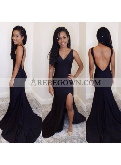 Sexy Sheath Black Side Slit Backless V Neck Stretchy Long Prom Dresses 2023