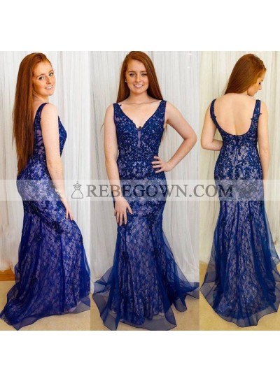 Charming Royal Blue Tulle With Appliques Mermaid  V Neck Lace Long Prom Dresses 2023