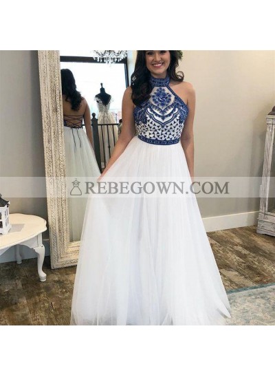 2023 Elegant A Line Lace Up Back White High Neck Tulle Embroidery Prom Dresses