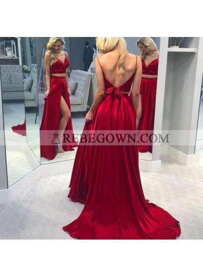 Charming Red A Line Sweetheart Side Slit Lace Up Back Long Two Pieces Prom Dresses 2023