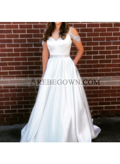 Elegant 2023 A Line Satin Off Shoulder Sweetheart Beaded Satin White Prom Dresses
